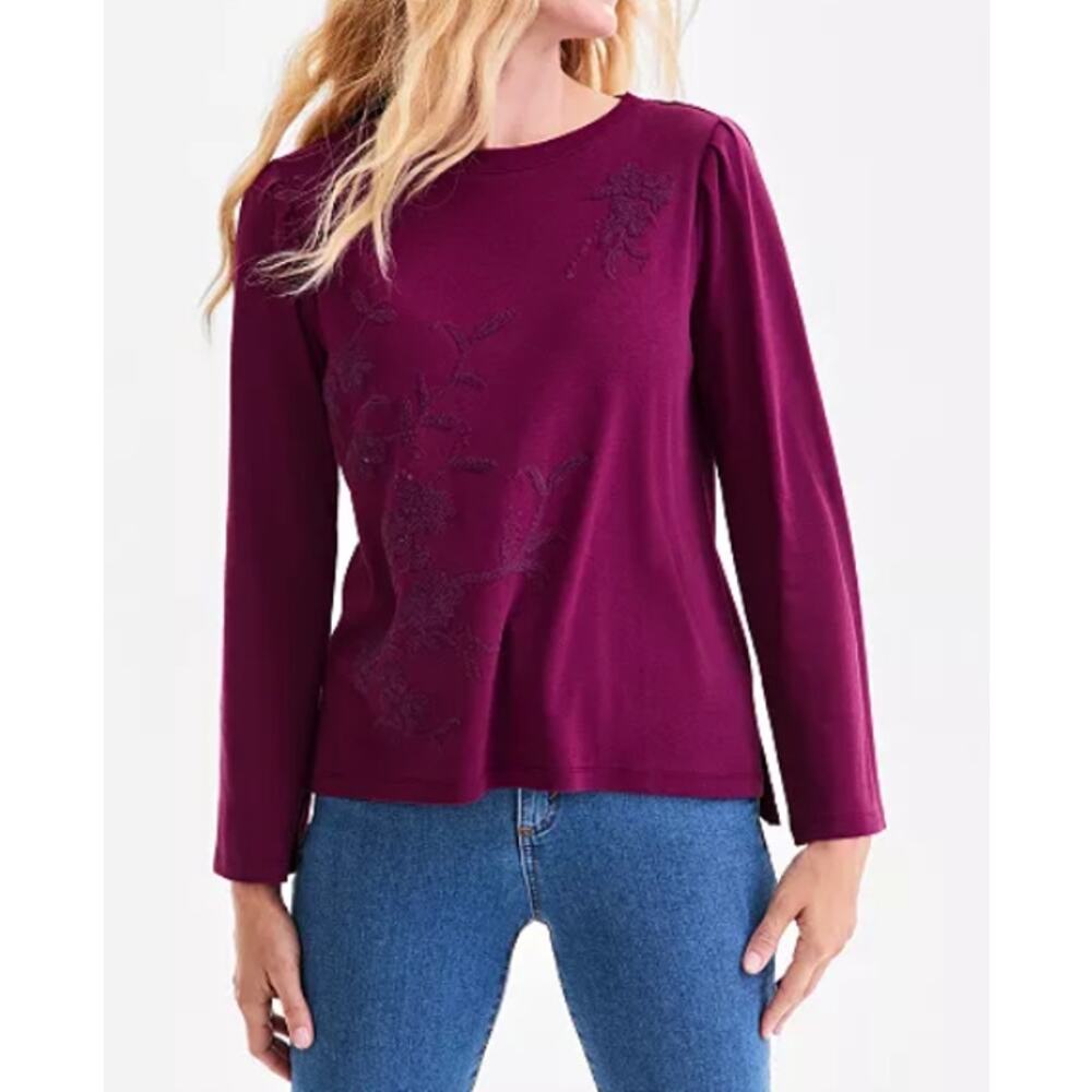 Style & Co Women's Cotton Sequined-Trim Long-Sleeve Top M